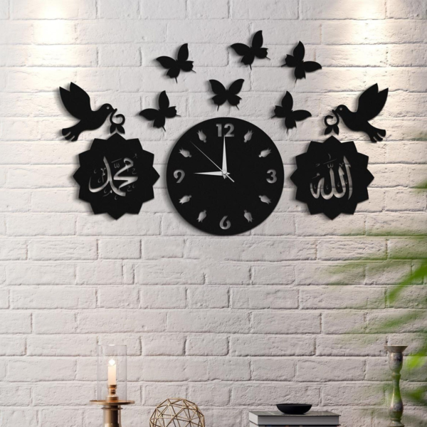 Allah Muhammad with beautiful butterfly  Wooden Wall Clock Islamic 3D Style Wooden Wall Clock with light - Image 2