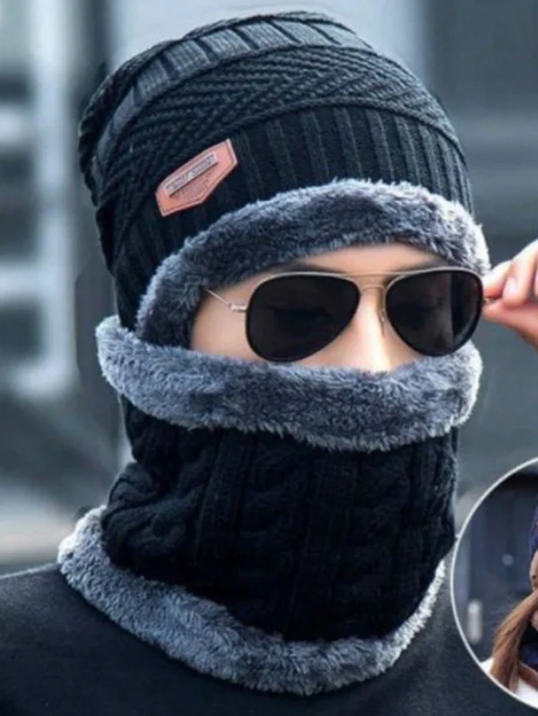Head & Neck Cap Beanies Combo - woolen winter beanie cap with neck warmer muffler for men and women (Black) - Image 13
