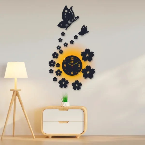 3d wall clock | Wall Clock With Wooden Butterflies  , Flowers  with light - Image 3