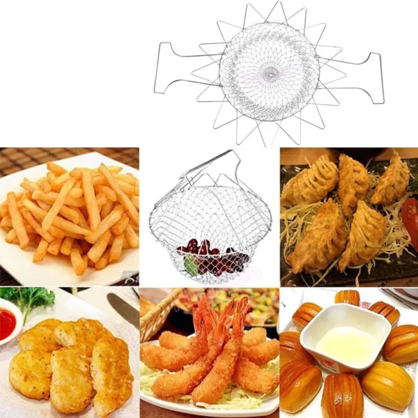 STAINLESS STEEL MULTI-FUNCTIONAL FOLDABLE COOKING Chef Basket Deluxe Kitchen Colander, MESH STEAM RINSE STRAIN FRY BASKET DEEP FRYER - Image 9