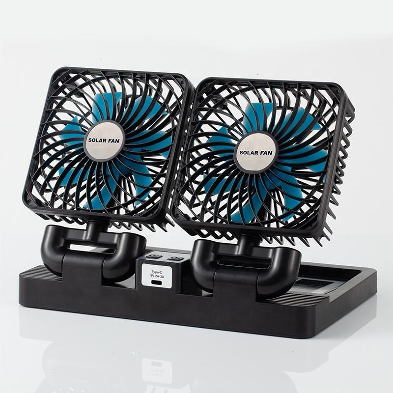 Double Head Solar Portable Desktop Air Conditioning Fan | Double Head Solar Fan - Rechargeable Fan Strong Cold Air Fast Cooling USB Fan for Indoor/Outdoor (Random Color)
