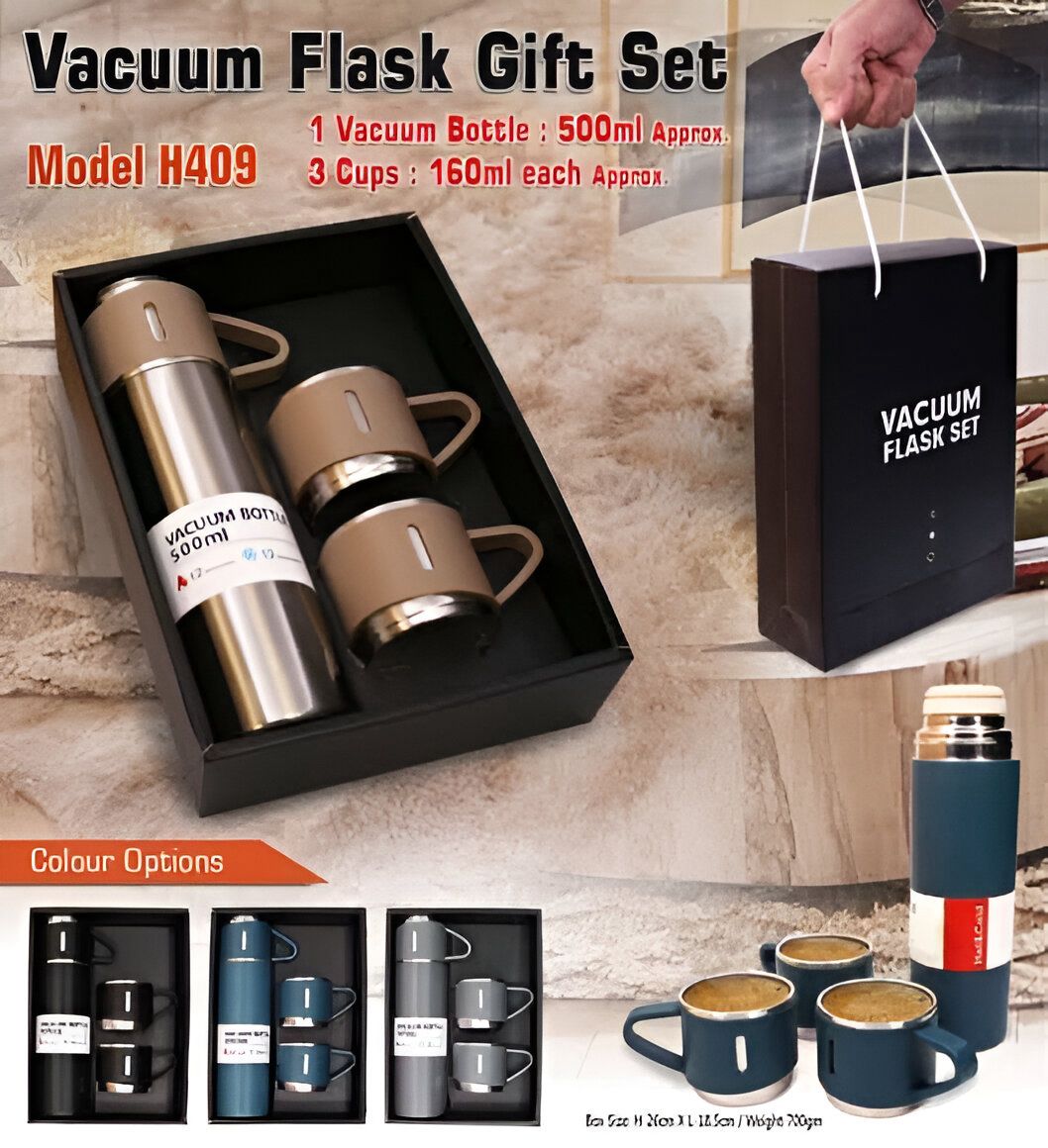 STAINLESS STEEL VACUUM FLASK SET - 500ML WITH 3 CUPS (Gift Box ) (Random color)