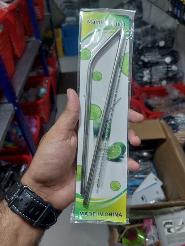 3 Pcs Set - Reusable Stainless Steel 2 Metal Straws with Cleaning Brush - Image 3