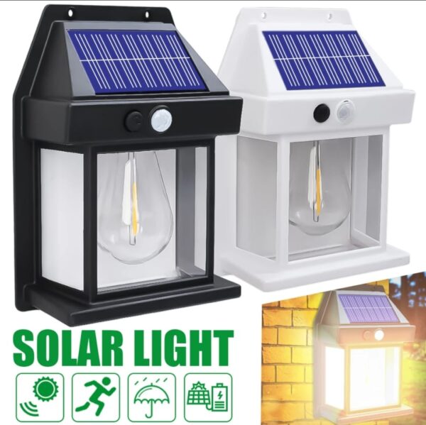 Solar Power Motion Sensor Human Body Induction LED Wall Light Waterproof Tungsten Filament Lamp Outdoor Garden Courtyard Light (Black)