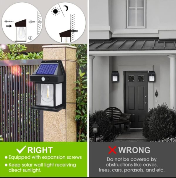 Solar Power Motion Sensor Human Body Induction LED Wall Light Waterproof Tungsten Filament Lamp Outdoor Garden Courtyard Light (Black) - Image 5