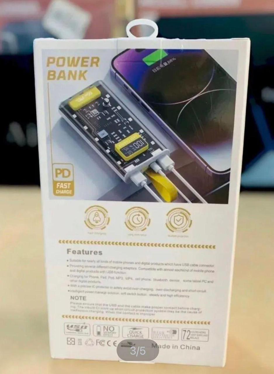 20000mAh PD Power Bank with a transparent body and side LEDs - Image 4