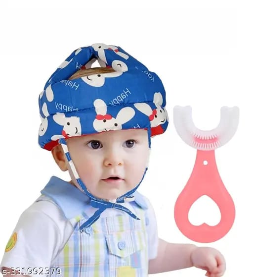 Baby Head Protector Crawling - Baby Safety Helmet & amp Walking Helmet + 360 Degree U-shaped Baby Toothbrush (Random Color/Design)