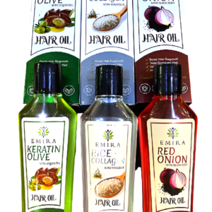 Pack of 3 - Emira Keratin Olive With Argan Hair Oil | Red Onion With Black Seed Hair Oil | Rice + Collagen With Minerals Hair Oil - 120ml