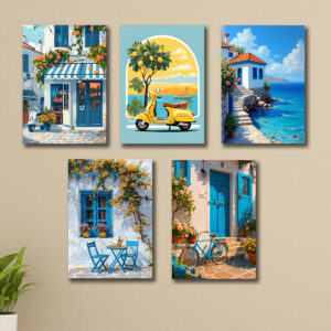 Set of 5 Italian Vintage Homes Art Themed Wall Art Wooden Sticky Phototile Frames for Wall Home and Girls Room Decoration