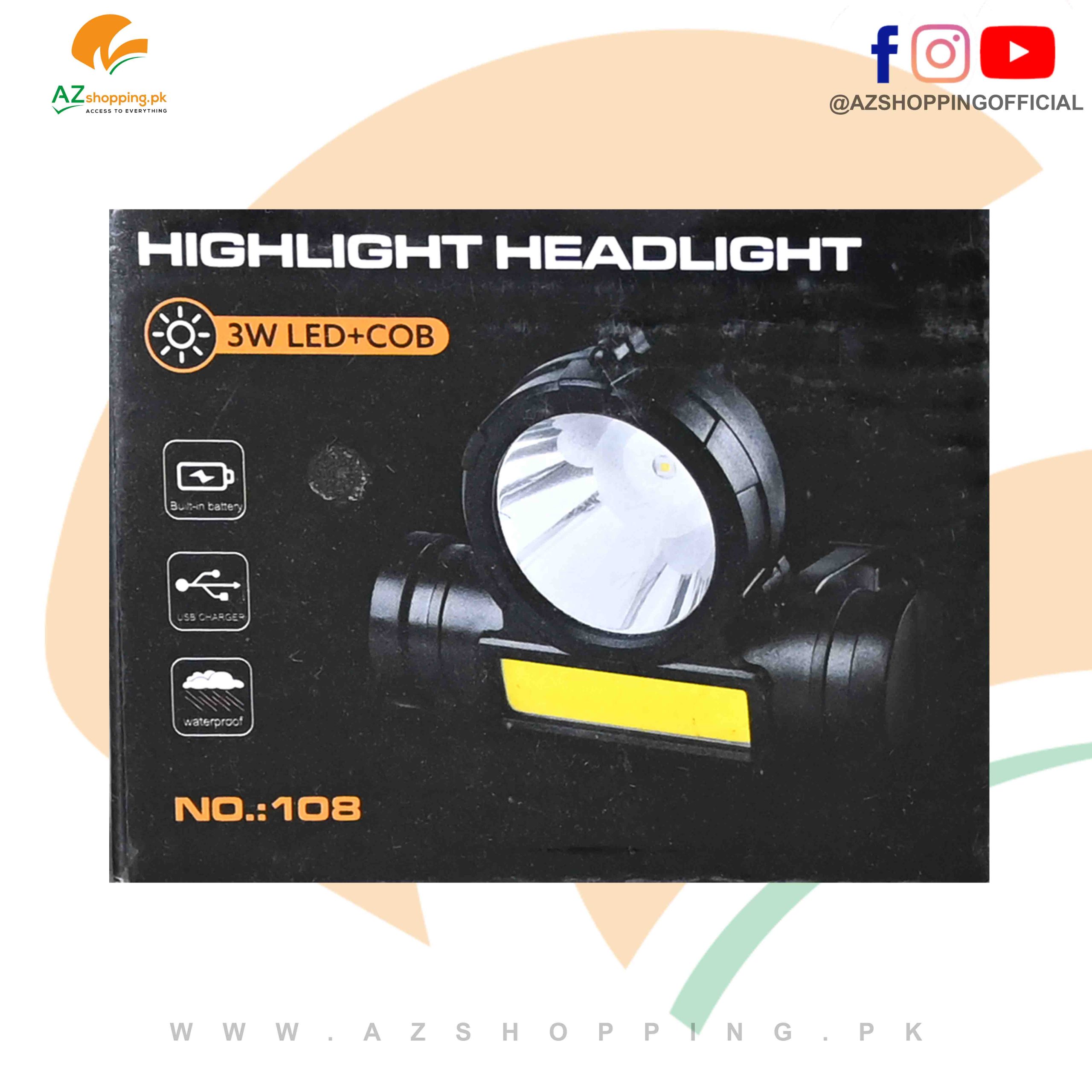 2 in 1 Headlight Torch Lamp – 3W LED+COB with Built-in Battery, Waterproof & USB Charge – Model: 108 - Image 2