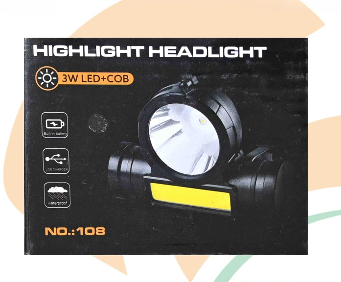 2 in 1 Headlight Torch Lamp – 3W LED+COB with Built-in Battery, Waterproof & USB Charge – Model: 108